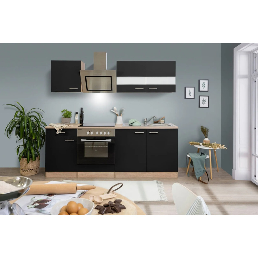 Respekta Economy Küchenzeile KB210ESSSC in Schwarz-Eiche Sägerau mit Glastüren und Soft-Close-Funktion, Breite: 210 cm, Tiefe: 60 cm - Bild 2