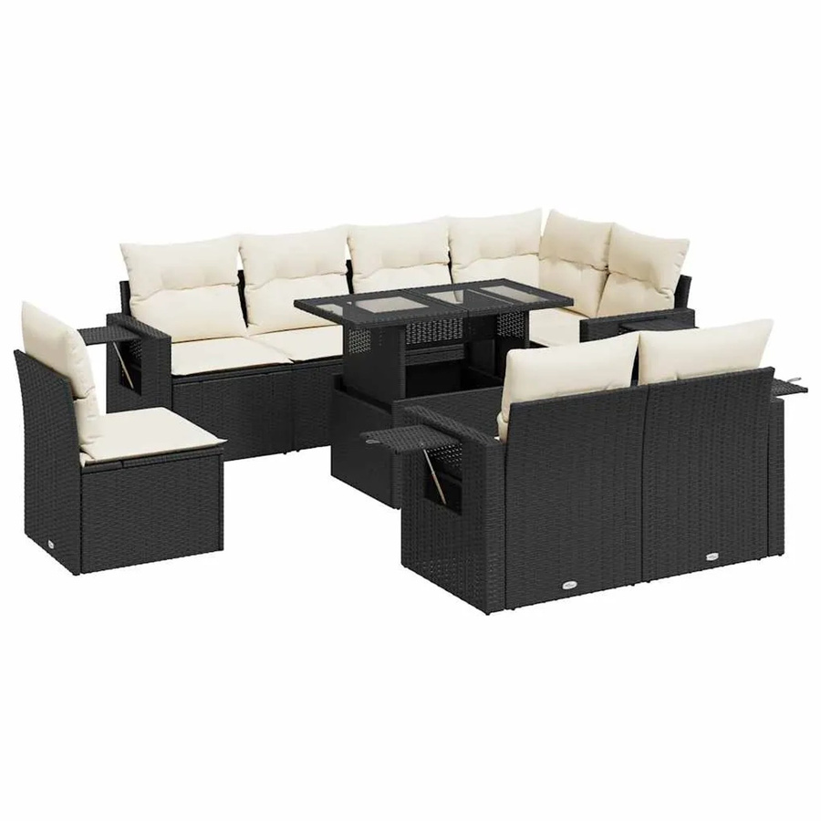 vidaXL 9-tlg Garten-Sofagarnitur in L-Form aus Poly-Rattan mit Kissen in Schwarz-Creme - Bild 2
