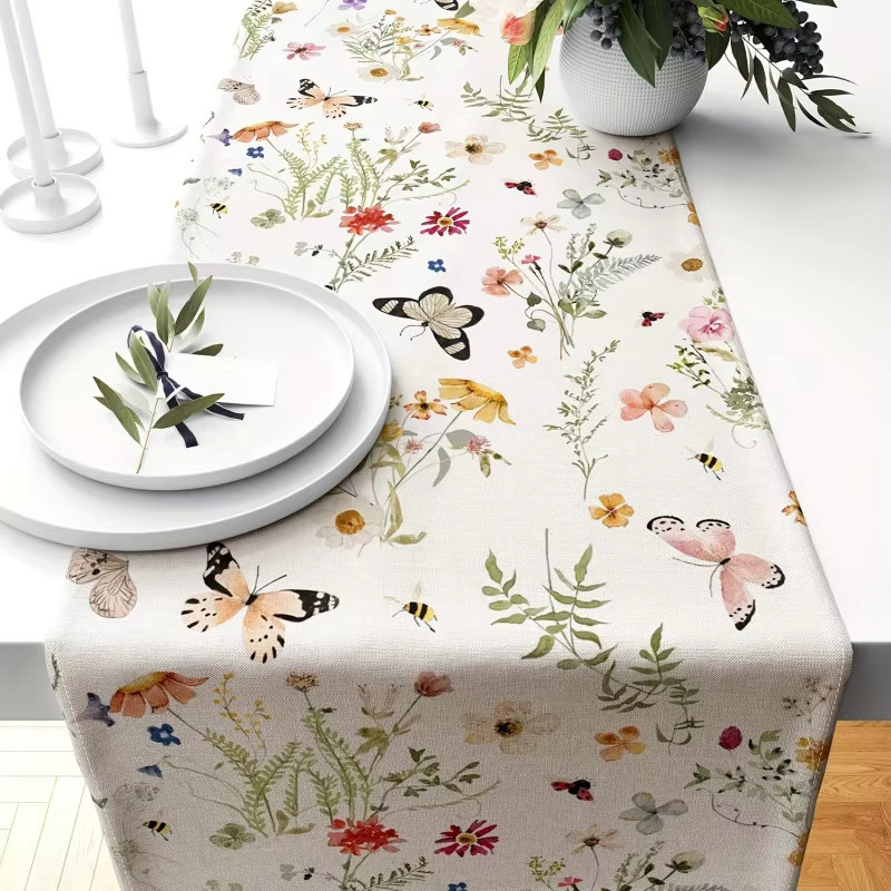 VIKAMA Tischläufer Wildflower Butterfly aus Polyester-Leinen in Multicolour, rechteckige Tischdecke mit floralem Design für Frühling und Sommer, B/H: 90 x 33 cm - Bild 2