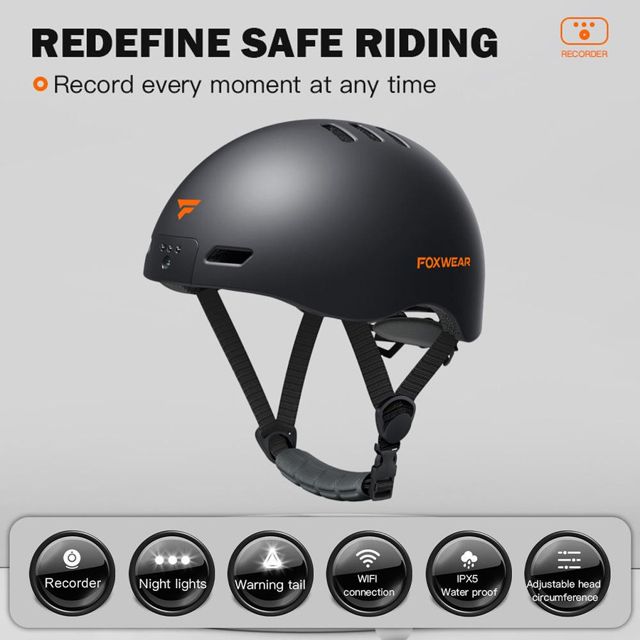 Honor Electronics WiFi-Kamerahelm für Motorräder, wasserdichter Smart-Helm mit LED-Vorder- und Rücklicht in Schwarz - Bild 2