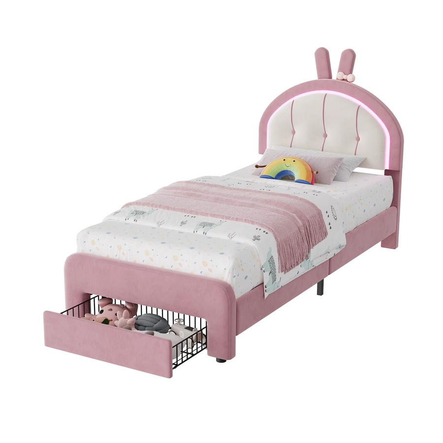 Simurq Gepolstertes Kinderbett Prinzessinnenbett aus Samt in Rosa mit verstellbarem Kopfteil und Lattenrost, B/T/H: 90 x 200 cm - Bild 3