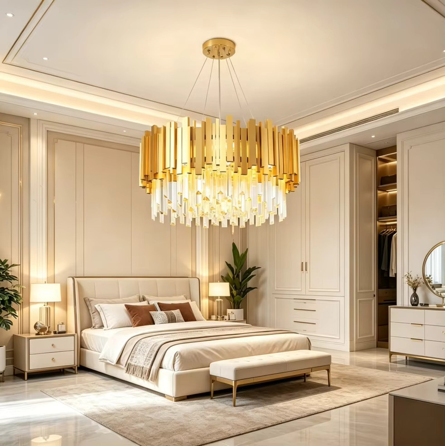 RRBEST Moderner Kristall-Kronleuchter in Gold/Messing, Runde K9-Pendelleuchte mit 9 E14 Fassungen und verstellbarer Kette für Wohnzimmer, Schlafzimmer oder Esszimmer - Bild 2