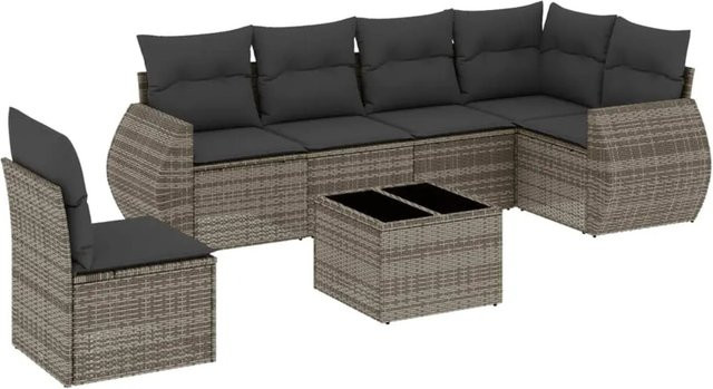 vidaXL 7-teilige Garten-Sofagarnitur aus Poly-Rattan mit Kissen in Grau - Bild 1