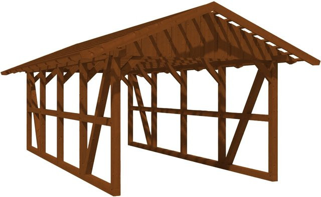 Skan Holz Carport Schwarzwald mit Satteldach und Dachlattung aus Fichtenholz in Nussbaum Braun, B: 424 cm, L: 772 cm - Bild 1