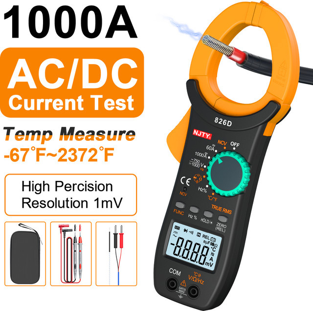 NJTY Digitales Stromzangenmultimeter in Schwarz mit 1000 A Messbereich, 6000 Counts, Spannung, Kapazität, Widerstand, Temperatur und Frequenz Messung - Bild 1
