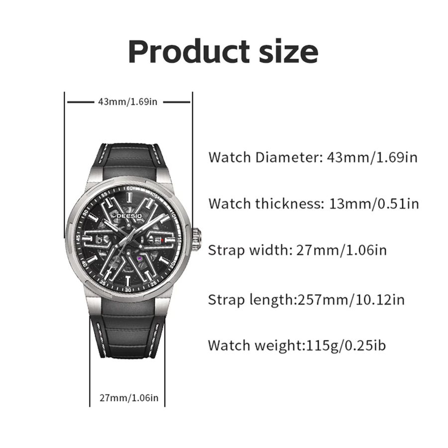 Deesio Armbanduhr Automatik, Skelett, Edelstahl, Silikonband, Herren - Bild 6