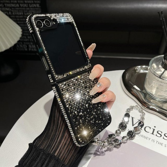 Glitzernde Diamant-Handgelenkketten-Schutzhülle für Samsung Galaxy Z Flip 6 5 4 3 mit Farbverlauf und Strasssteinen aus hartem PC-Material in Multicolour und Schwarz - Bild 1