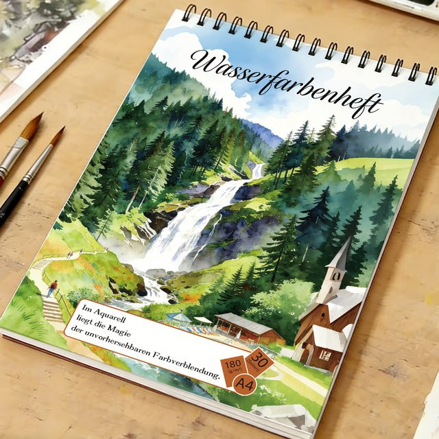 A4 Spiral-Aquarell-Skizzenbuch mit säurefreiem 180g/m² Papier und Wasserfall- & Waldlandschaft-Cover für Kunst und Skizzen - Bild 1