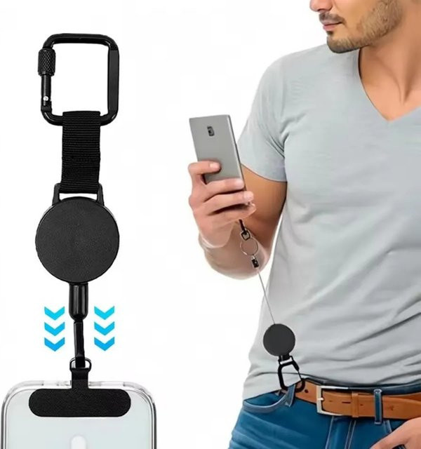 Einziehbarer Diebstahlschutz Outdoor-Handyhalter mit Sicherheitsseil und Gürtelclip in Schwarz für iPhone 17 18 - Bild 1