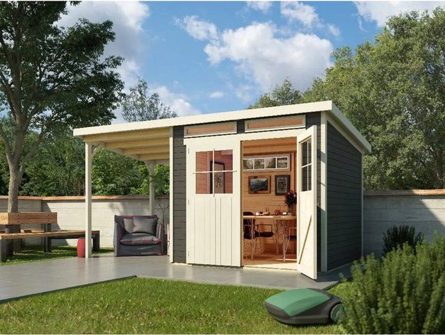 Karibu Gartenhaus Glücksberg mit Anbaudach in Grau, Wandstärke 19 mm, B/T/H: 439 x 236 x 220 cm - Bild 1