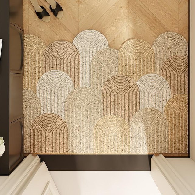 Moderne rutschfeste Fußmatte in Beige mit Seidenring-Design, speziell geformt, B/B: 45 x 75 cm - Bild 1