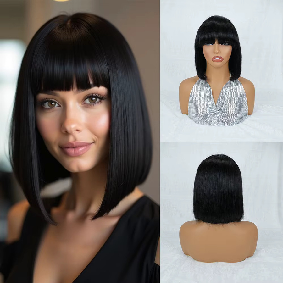 OYM HAIR Bob-Perücke aus Echthaar, 10 Zoll, schwarz, glatt mit Pony, Damen - Bild 3