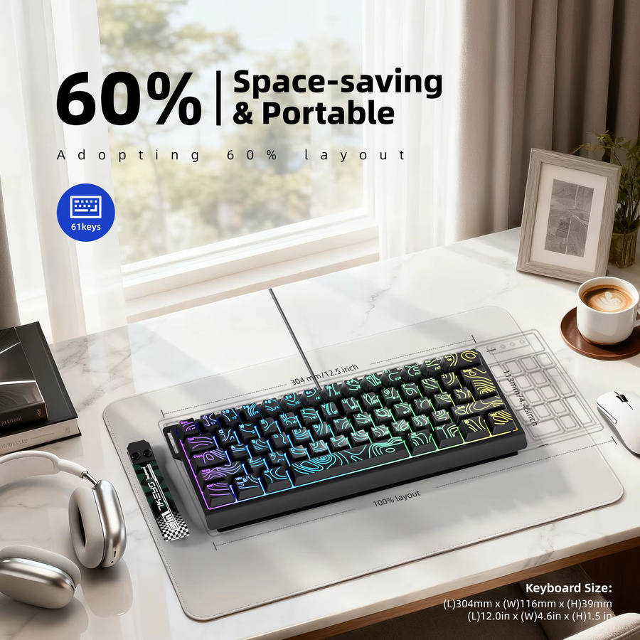 7KEYS Kompakte kabelgebundene RGB Tastatur mit Farbverlauf-Tastenkappen für Windows-Tablets, Laptops und Gamer in Schwarz und Weiß - Bild 3