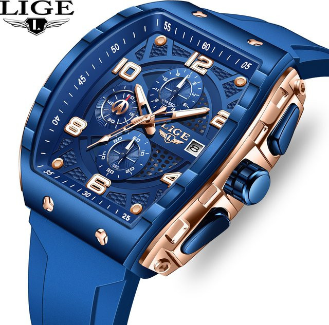 LIGE Armbanduhr Chronograph, Eckig, Edelstahl, Blau, Silikon, Herren - Bild 1