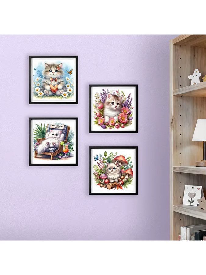 HUACAN 4er Set Diamantmalerei Katze und Blumen Mosaik-Tier-Bild mit runden Bohrern in Mehrfarbig, B/H: 20 x 20 cm - Bild 3