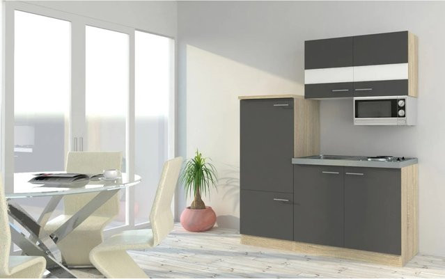 Respekta Economy Küchenzeile KB160ESGMI in Grau mit Eiche Sonoma Nachbildung und Mikrowelle, Breite: 160 cm, Höhe: 87,1 cm, Tiefe: 54 cm - Bild 1