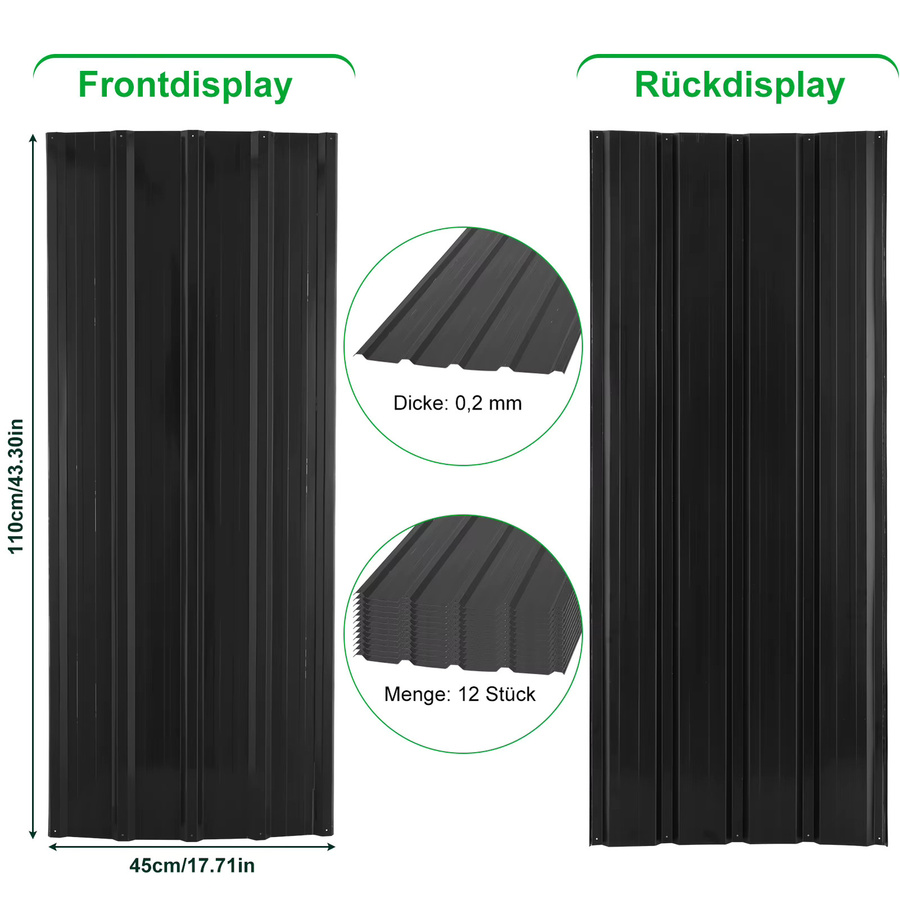 12 Stück gewellte Metall-Dachplatten aus Stahl für Garagen und Schuppen, Farbe: Silber oder Schwarz, B/T/H: 110 x 45 x 110 cm - Bild 3