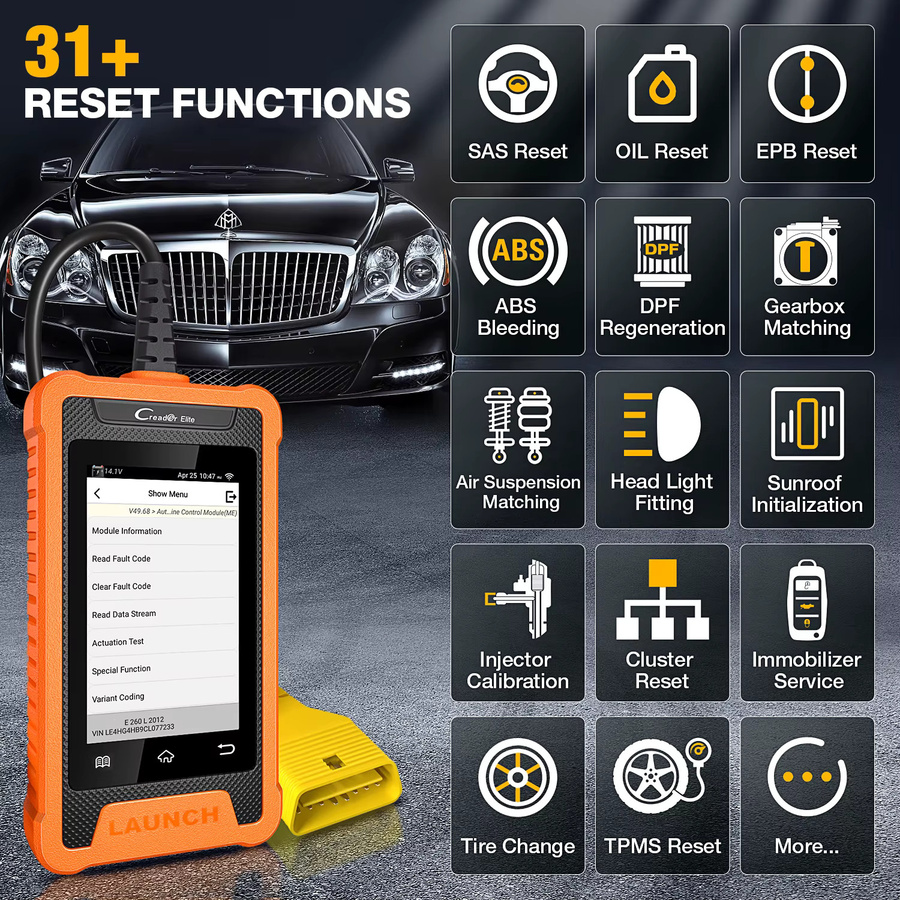 Launch x431 Creader Elite OBD2 Diagnosegerät mit TPMS 31 Reset-Funktion und Online-Codierung in Orange - Bild 4