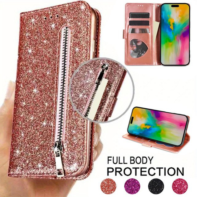 Glitzer Leder-Brieftasche mit Reißverschluss und Magnetverschluss für iPhone 16 Pro Max, 15 Plus, 14 Pro, 13 und SE 2025 mit Kartensteckplatz und Handschlaufe in Rot oder Pink - Bild 1