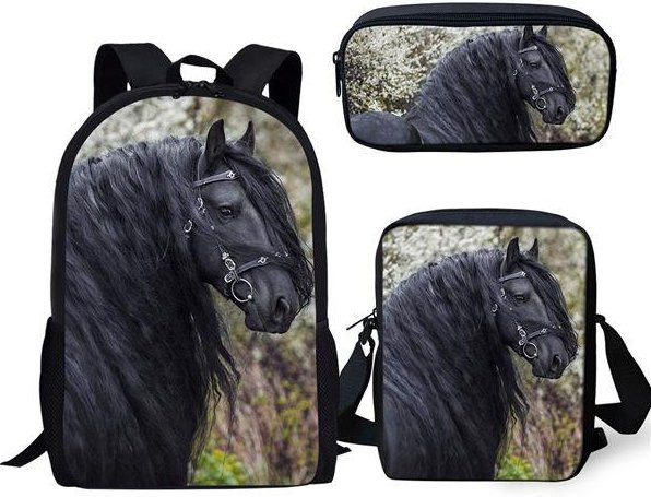 Fancy Style Studio 3er-Set Schülerrucksack mit 3D-Pferdemotiv in Schwarz - Bild 1