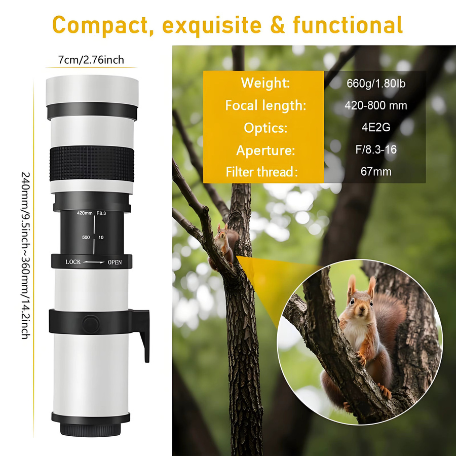 LIGINN Super-Teleobjektiv 420-800mm F/8.3-16 für Canon, Nikon und Sony, manuelles Teleobjektiv in Weiß - Bild 2