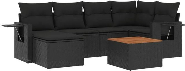 vidaXL 7-tlg. Garten-Sofagarnitur in L-Form aus Poly-Rattan und pulverbeschichtetem Stahl, Schwarz - Bild 1