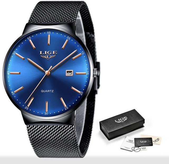 LIGE Analoguhr, Quarz, Edelstahl, Blau, Schwarz, Damen, 40 mm - Bild 1