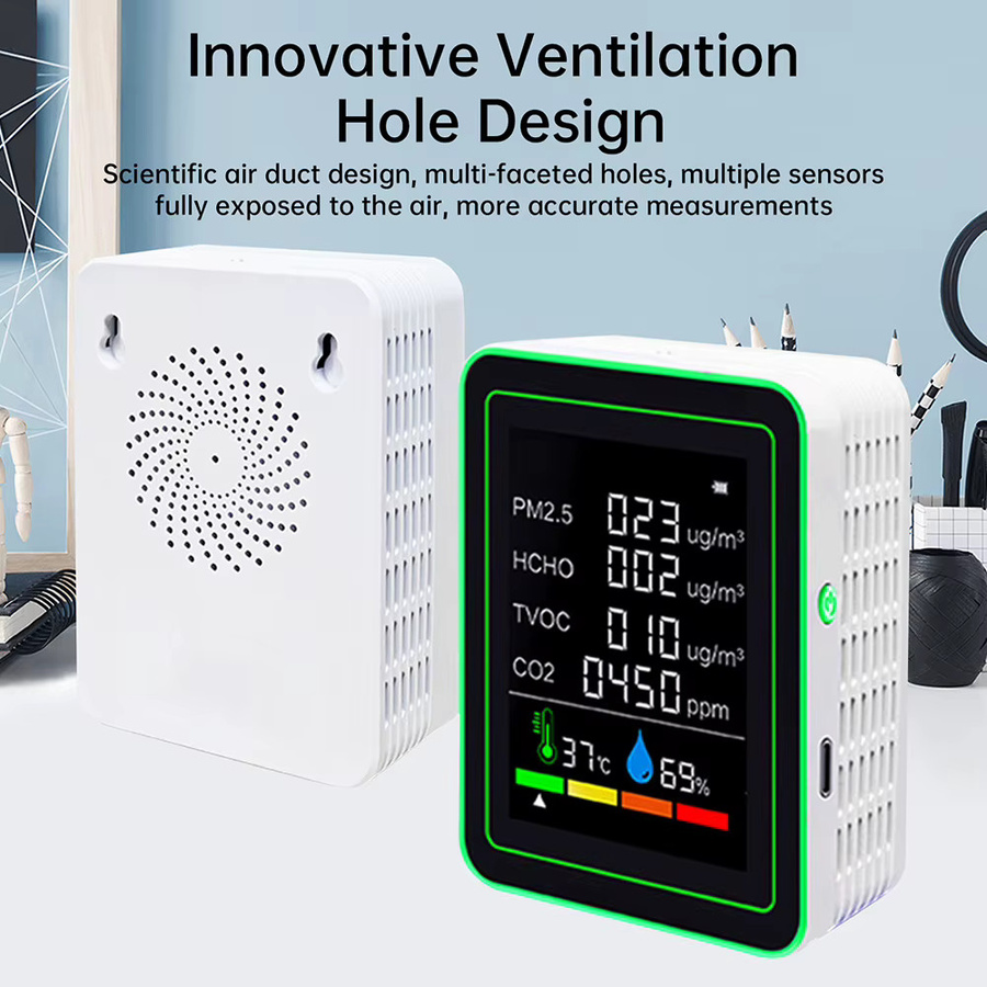 Voktta 6-in-1 Luftqualitätsmonitor in Schwarz zur Messung von CO2, Formaldehyd, TVOC, PM2,5, Temperatur und Luftfeuchtigkeit - Bild 3