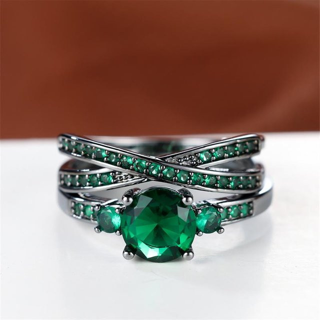 Junxin Ring Set, Goldene Farbe, Grüner Stein, Kreuz, Unisex - Bild 1