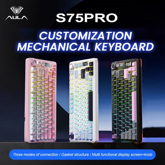 AULA S75 Pro Gaming Mechanische Tastatur 75% mit RGB-Hintergrundbeleuchtung, Hot-swappable, PBT Keycaps, 4000mAh Akku und LED-Display in Pink/Multicolor - Bild 1