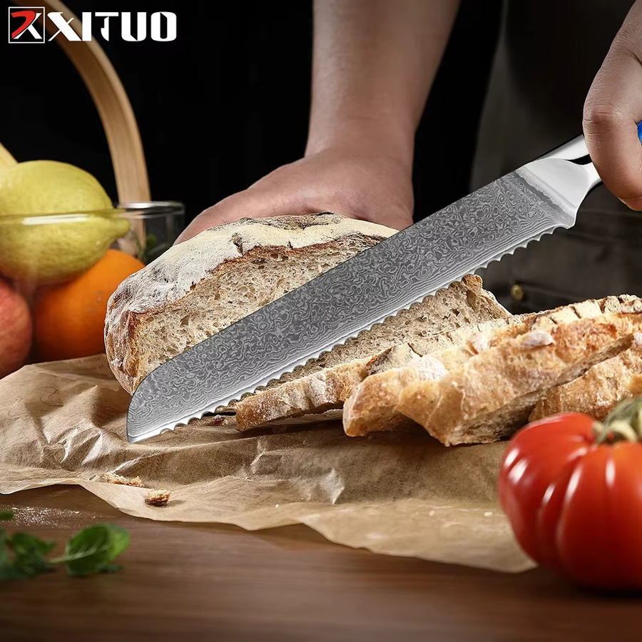Xituo Brotmesser aus 67-lagigem Damaststahl mit blauem Harzgriff, Länge: 20,3 cm - Bild 6
