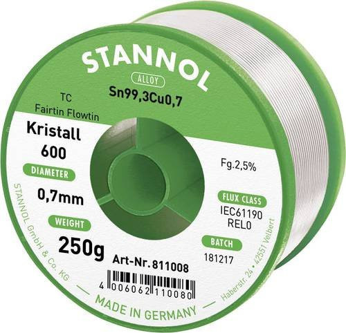 Stannol Kristall 600 Fairtin Lötzinn bleifrei Sn99,3Cu0,7 REL0 silber 250g 0,7mm - Bild 1
