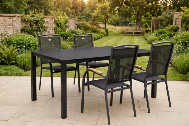 Hartman Raffaelo Garten-Essgruppe aus Alu, Spraystone und Teak in Anthrazit/Schwarz mit ausziehbarem Tisch und 6 Stapelsesseln mit Teak-Armlehnen, Tisch B: 160 cm, B: 200 cm, H: 74 cm - Bild 1