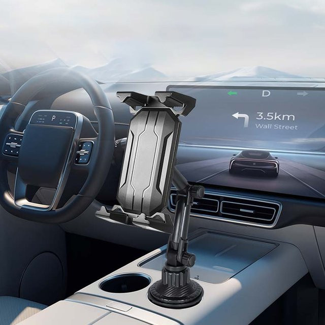 Homhu Tablet und Smartphone Halterung für das Auto mit verstellbarer Kippstange und dreieckiger Basis in Schwarz - Bild 1