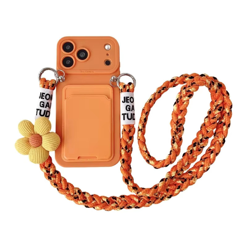 EHUIDE 3D-Blumen-Crossbody-Hülle aus weichem Silikon mit Kartenhalter und gestricktem Trageband für iPhone 12 13 14 15 Pro Max Plus in Pink - Bild 4