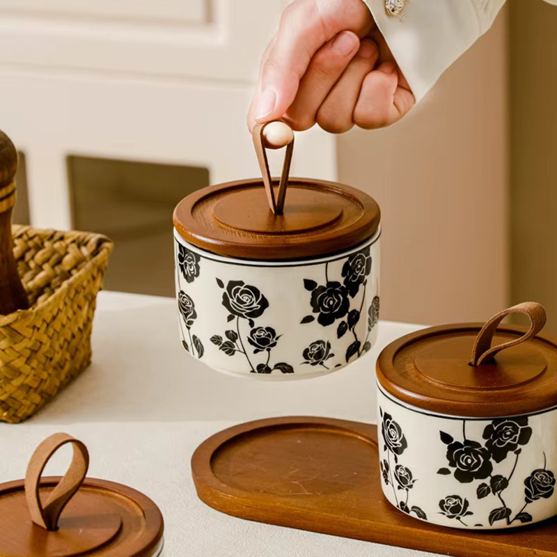 Luftdichtes Keramik-Vorratsglas mit Rosen-Design in Schwarz und Weiß, versiegelter Behälter für Tee, Kaffee oder Zucker - Bild 3
