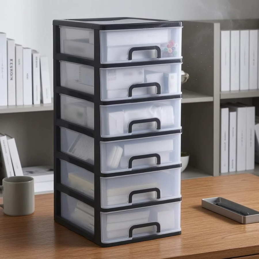 Stapelbarer Schreibtisch-Schubladenorganizer aus Kunststoff in Weiß mit transparenten Fronten und integrierten Griffen - Bild 1