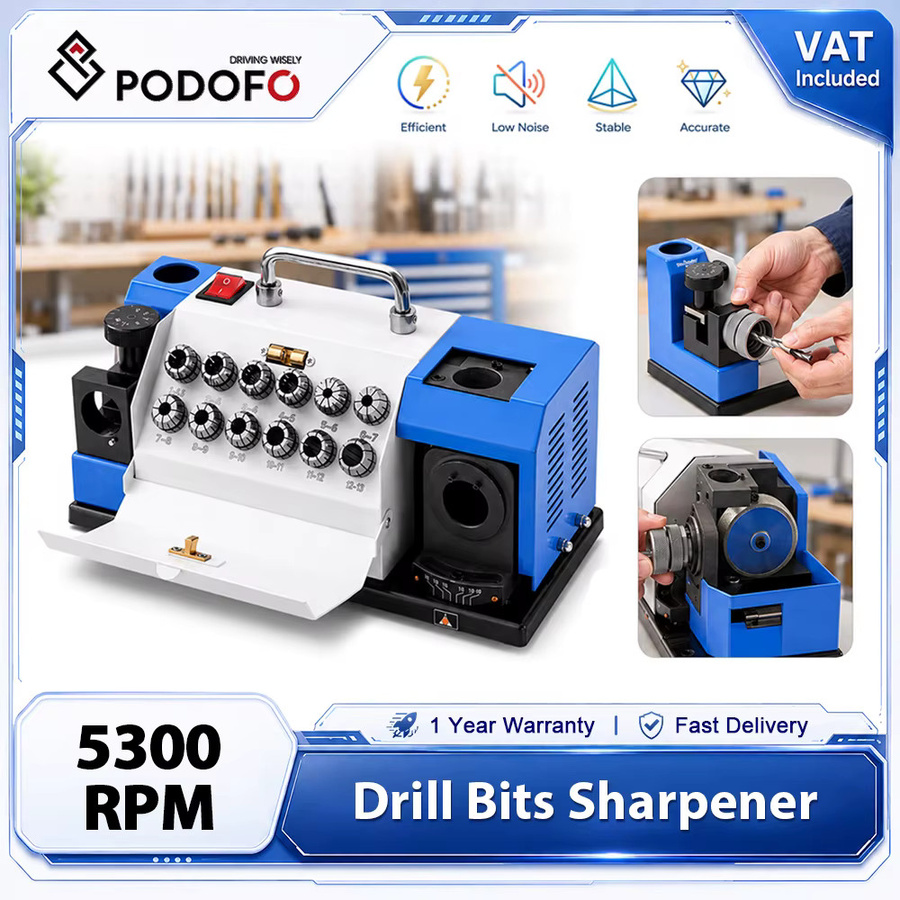 Podofo Bohrerschleifmaschine mit 12 Spannzangen für 2-13mm Bohrer, 5300RPM, mit CBN+SDC-Rädern und einstellbarem Spitzenwinkel von 90° bis 145° für HSS und Hartmetall-Spiralbohrer - Bild 2