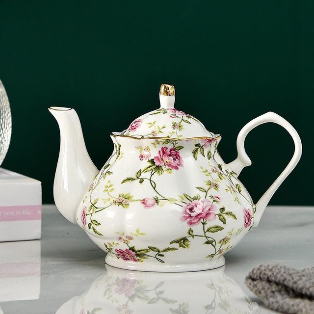 AMEKAN Teekanne aus weißem Bone China mit floralem Design, 900 ml - Bild 1