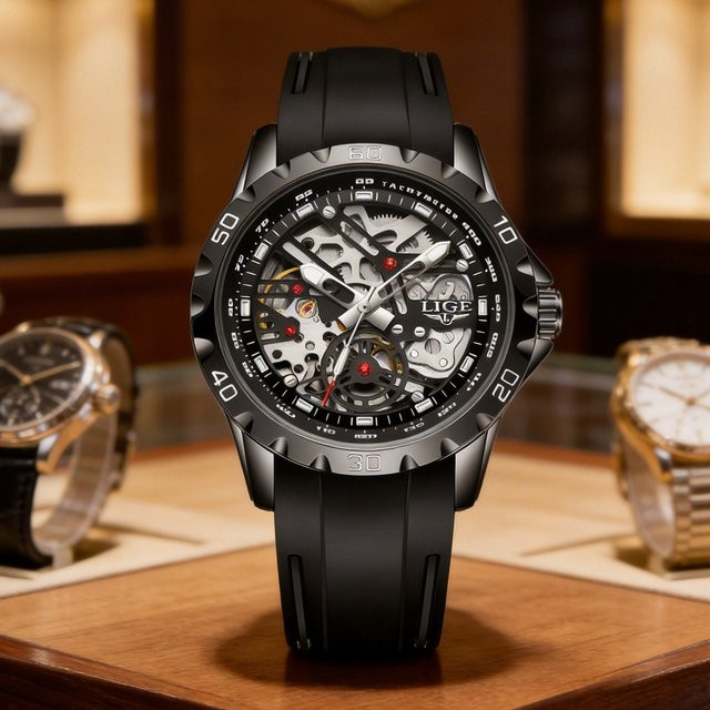 LIGE Armbanduhr Automatik, Edelstahl, Schwarz, Herren - Bild 1
