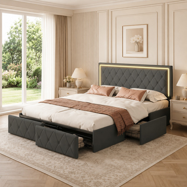 HYNHXBP Gepolstertes Plattformbettgestell mit 4 Schubladen und diamantgestepptem Kopfteil in Grau, B/T/H: 140 x 200 cm - Bild 1