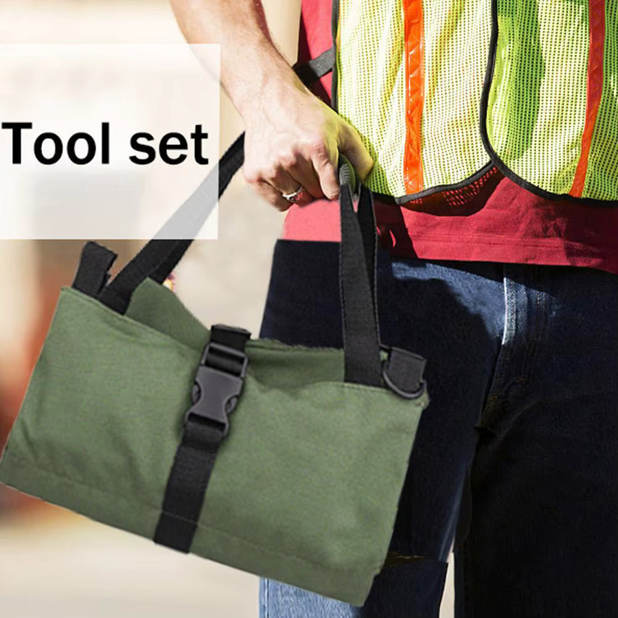 Mehrzweck-Roll-Up-Werkzeugtasche aus robustem Oxford-Canvas in Grün als faltbarer Multitool-Organizer für Elektriker und Tischler - Bild 6
