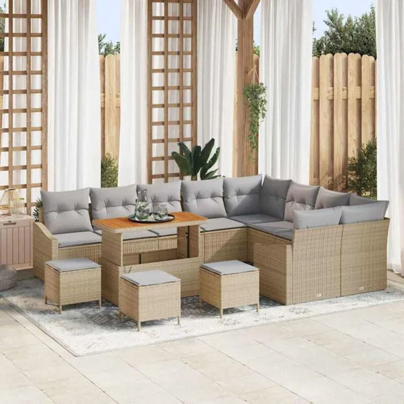 Vidaxl Polyrattan Garten-Sofa-Set aus 13 Teilen in Beige und Grau, modulares Loungemöbel-Set mit Akazienholz und Schaumstoffpolstern, B/T/H: 110 x 55 x 71 cm - Bild 1
