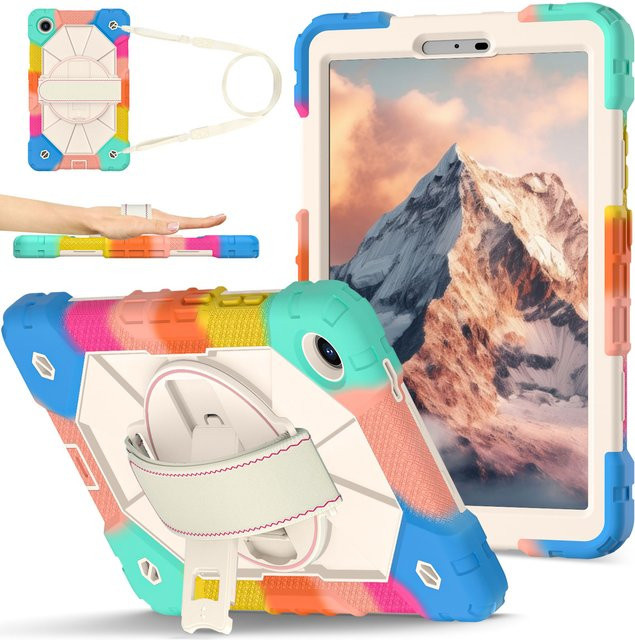 Kindersichere Schutzhülle für Lenovo Tab One K9 8,7 Zoll TB305ZU TB305FU mit 360 Grad drehbarem Ständer, Griff und Schultergurt in Gold und Multicolour - Bild 1