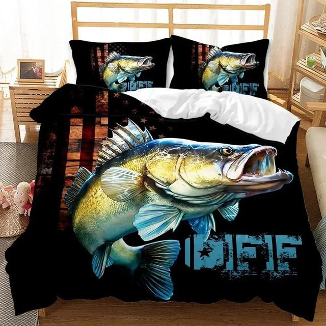 Bettwäsche Hecht und Barsch mit Streifenmuster in Blau von Your Warm Home, Bettbezug und Kissenbezug für Kinder und Teenager, B/H: 135 x 200 cm - Bild 1