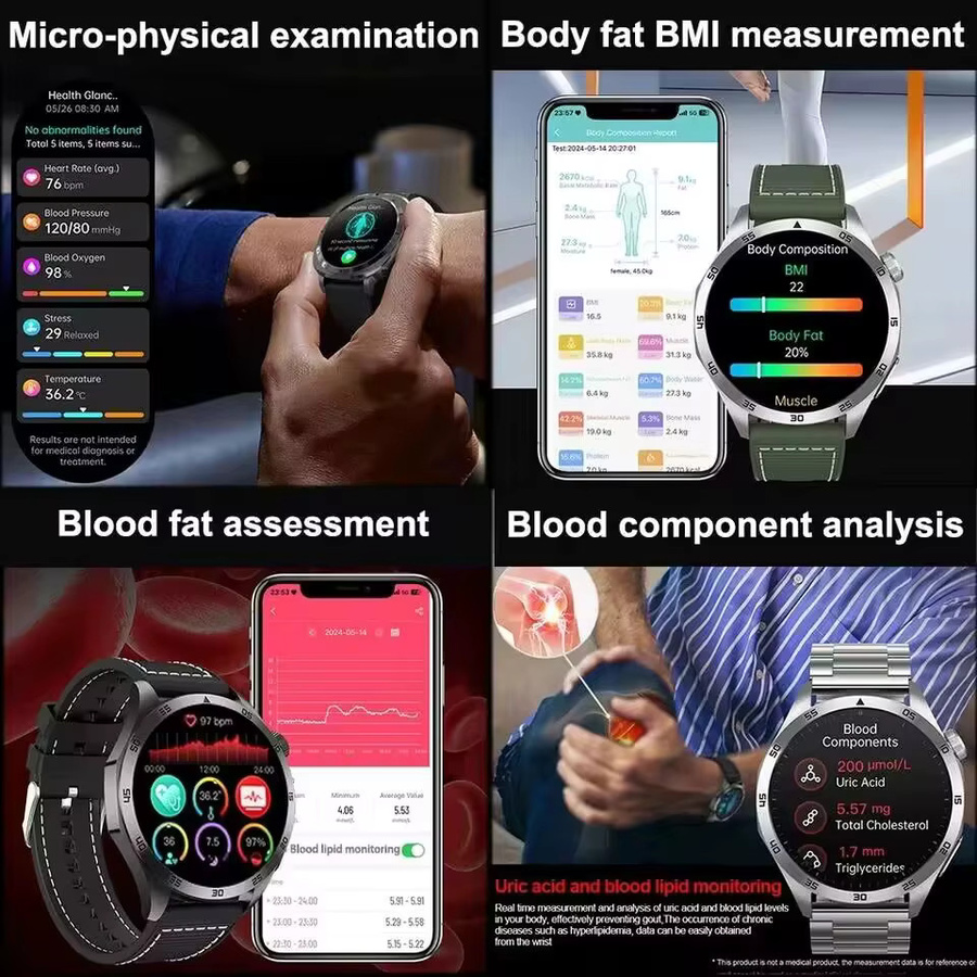 GUHUAVMI Smartwatch für Herren mit EKG und PPG zur Blutdruck-, Harnsäure- und Lipidanalyse, Bluetooth-Anruffunktion, Farbe: Schwarz - Bild 3