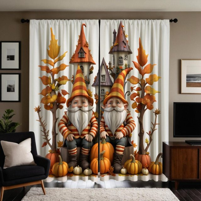 2er-Set dekorative Vorhänge mit Thanksgiving-Motiv, Kürbis und Ahornblatt, weiß, B: 132 cm, H: 160 cm - Bild 1