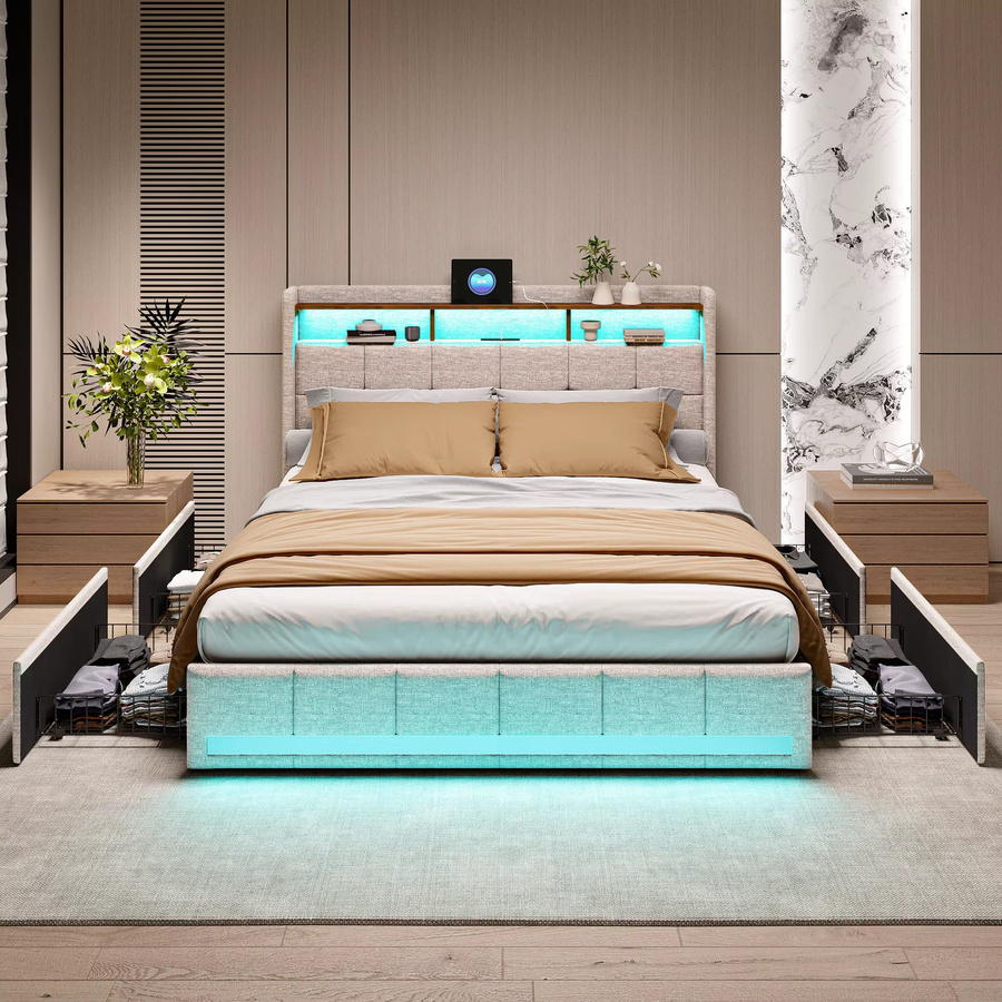 WoodenAura Doppelbett mit 4 Schubladen und LED-Beleuchtung sowie USB-Anschluss, gepolstertes Stauraumbett in Beige, B/T/H: 180 x 200 cm - Bild 3