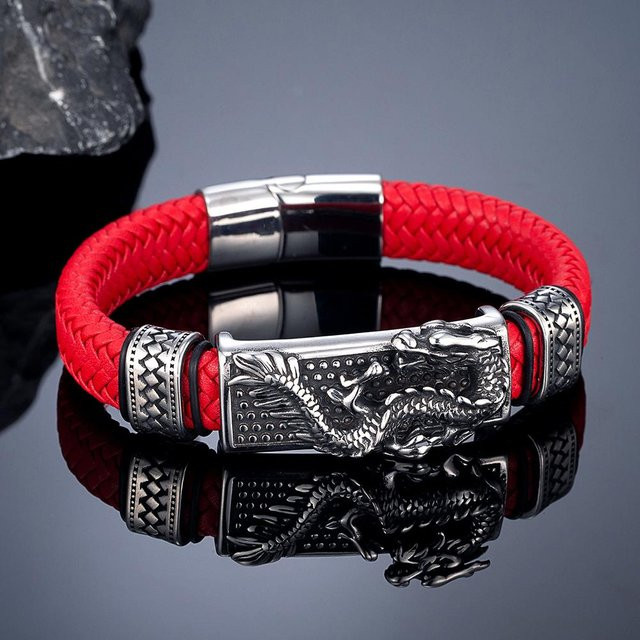 YULIN Armband, geflochtenes Leder, Edelstahl, rot, 23 cm, Unisex - Bild 1