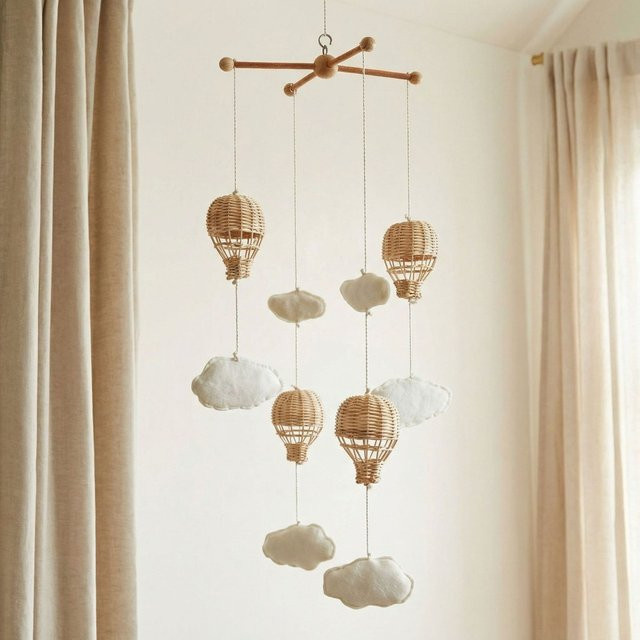 Ins Wind Handgewebte Rattan Hängende Dekoration in Beige mit Heißluftballon und Wolken im Boho-Stil - Bild 1